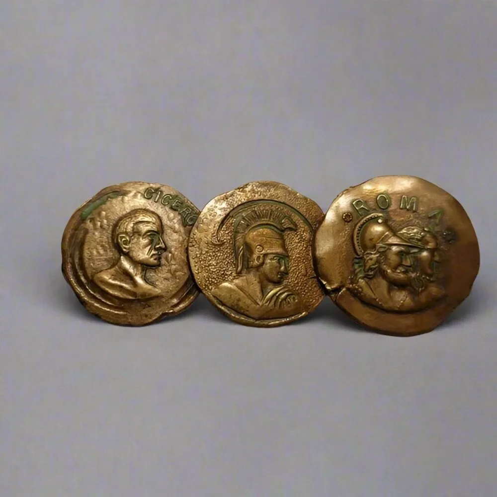 Vintage Roman Coin Brooch – Brass Tone 3-Coin Design, Cicero & Roma Motif